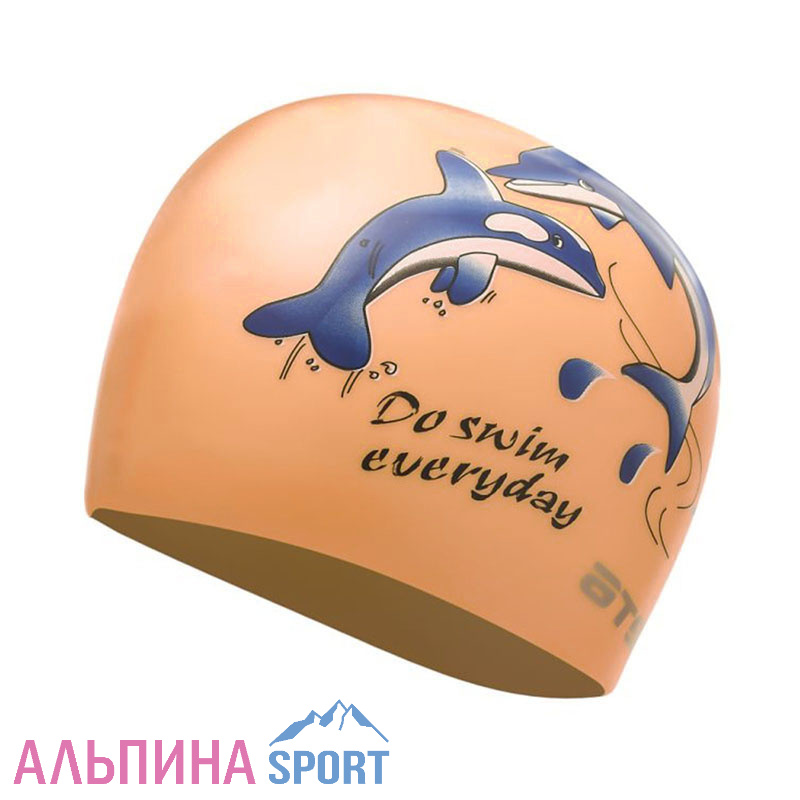 Шапочка для плавания Atemi, силикон, оранжевая (дельфины), PSC401